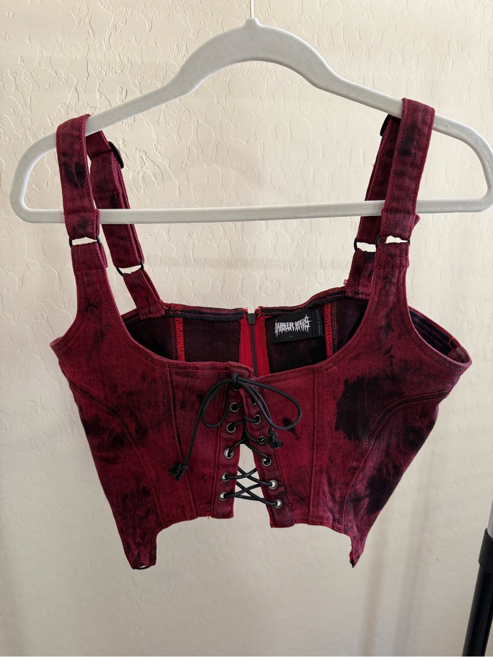 Distressed Burgundy Lace-Up Crop Top by Jawbreaker